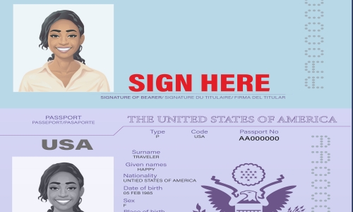 Infographic showing how to sign your passport book as an adult.  There is a drawing of a biographical data page with a passport photo.The text reads: Sign here.