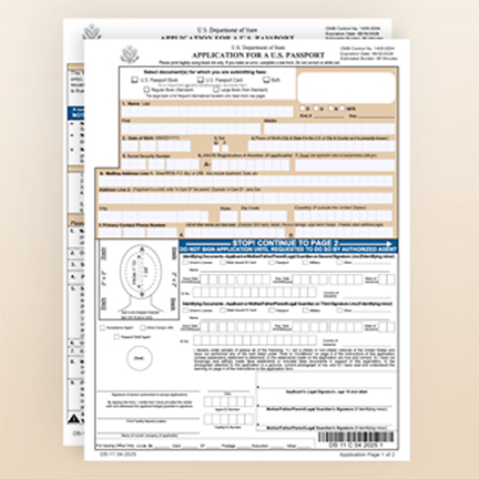 First page of Form DS-11 with light brown and dark blue headings.
